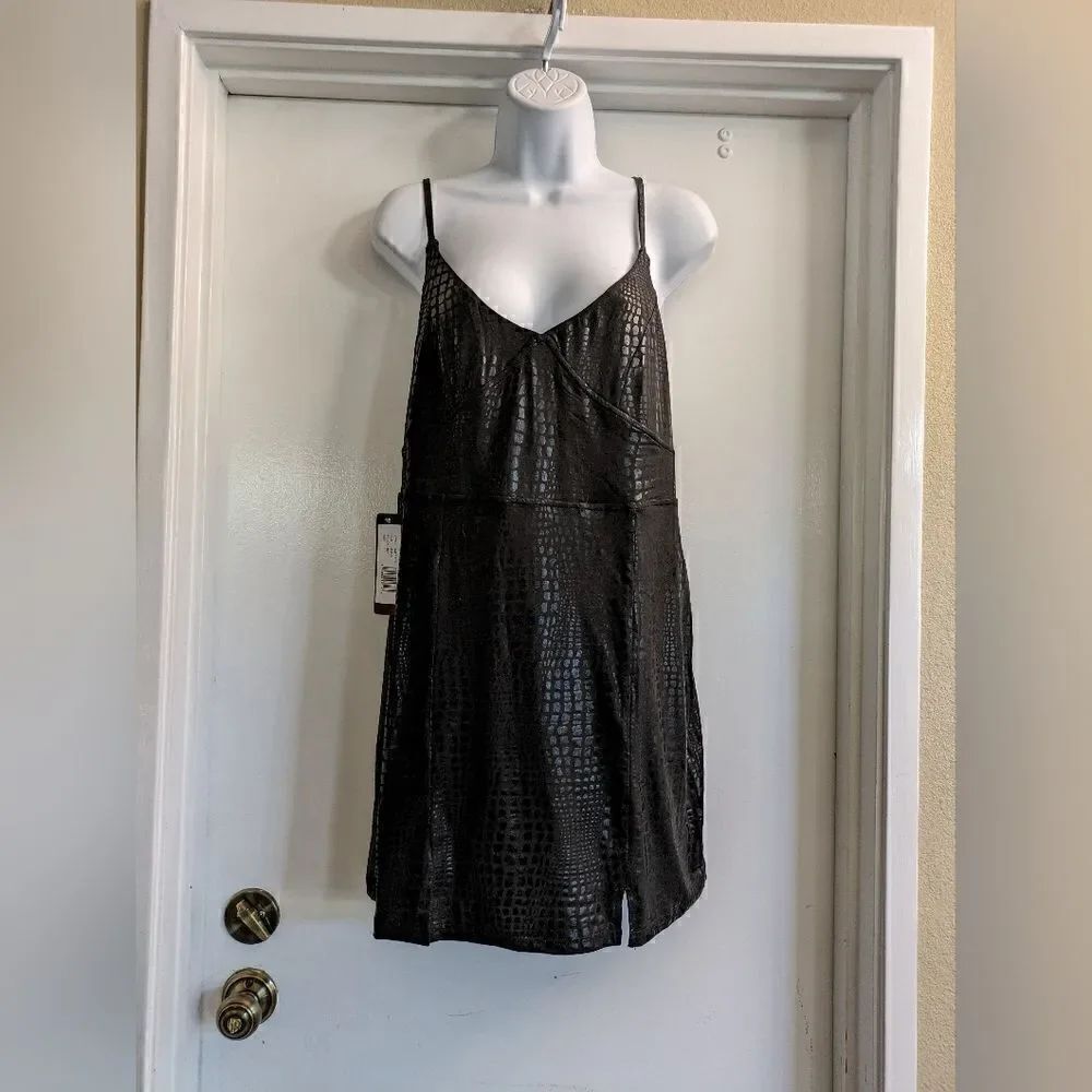 Bebe Faux-Croc Print Adjustable Spaghetti Straps Black Mini Dress Size L New